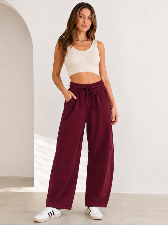 Pants - 145. 📦 Women’s Dk Burgundy Fleece Barrel Wide Drawstring Sweatpants NEW